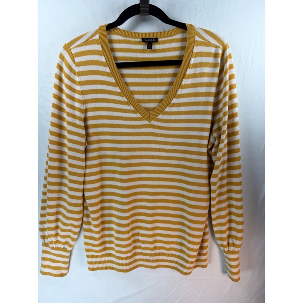 Talbots Women Mustard Yellow Off White Striped V-Neck Cotton Sweater M LS
